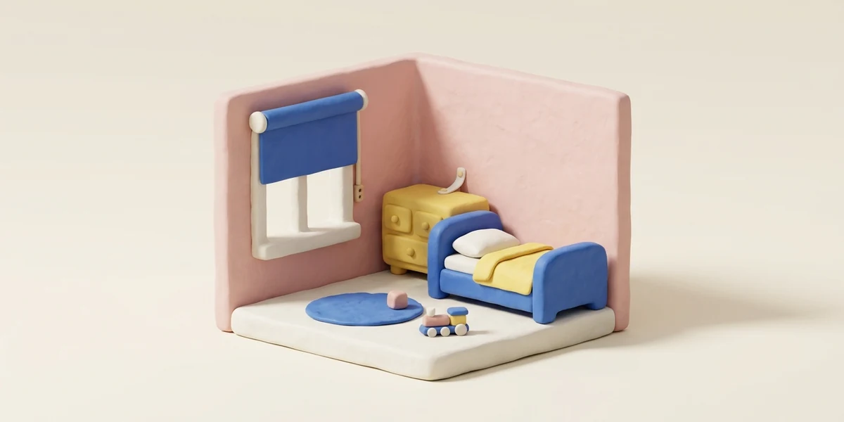 Hlinený 3D render: detská izba v miniatúre s nízkou posteľou, komodou pripevnenou k stene, oknom so zarážkou a bezšnúrovou roletou v kobaltovej, žltej a ružovej farbe