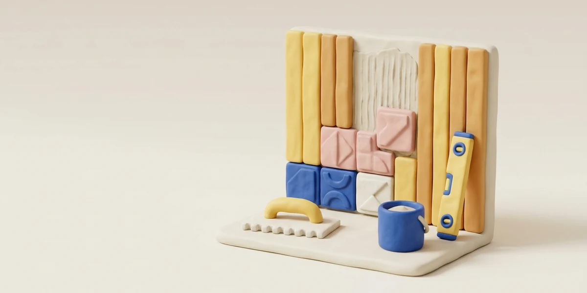 Hlinený 3D render steny čiastočne obloženej drevenými lamelami a 3D reliéfnymi dlaždicami, s hladidlom, vedierkom lepidla a vodováhou v pastelových farbách