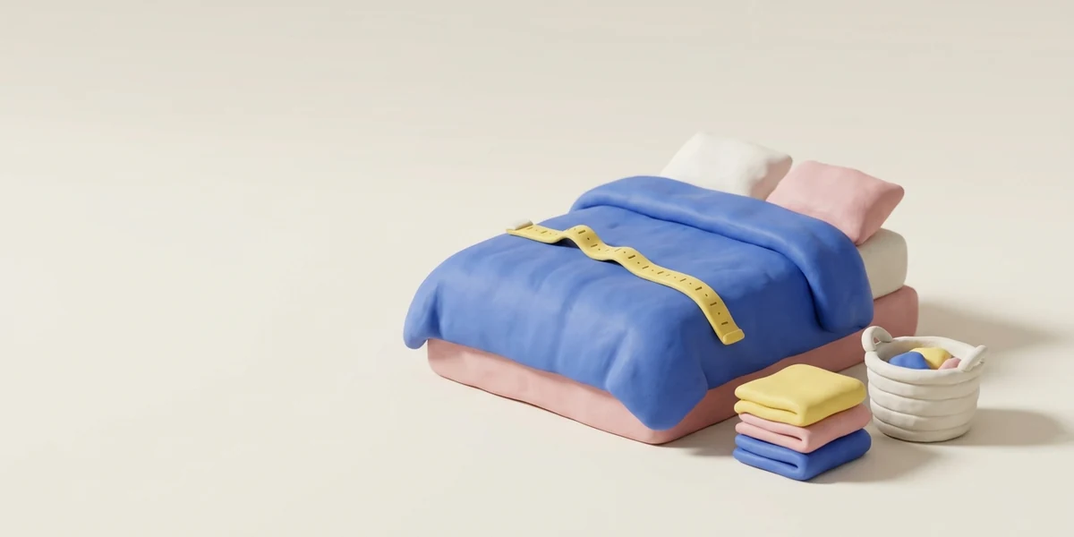 Hlinený 3D render: obliečky na posteľ s dvoma vankúšmi, cez paplón žlté pásmo, vedľa vzorky látok a kôš na bielizeň, v kobaltovej, žltej a ružovej farbe