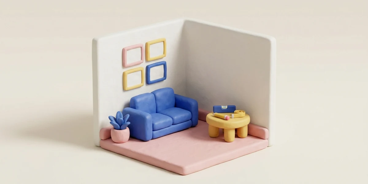 Hlinený 3D render skupiny obrazov na stene nad sedačkou v pastelových farbách, ako ukážka, ako vešať obrazy na stenu.