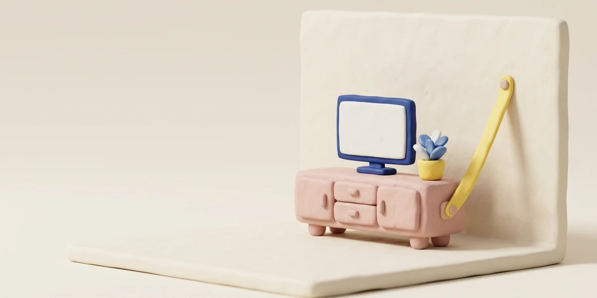 Hlinený 3D render: tv stolík s plochým televízorom a rastlinou, žltý popruh ho kotví k stene, v kobaltovej, maslovo žltej a ružovej farbe